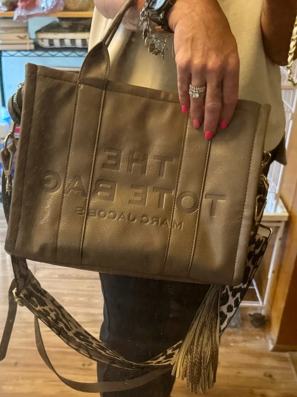 Marc Jacobs Taupe Pebbled Leather Tote with Leopard Strap